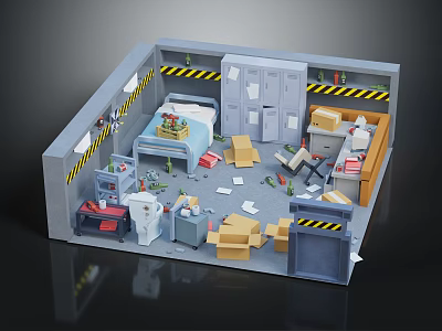 Cluttered Storage Room Interior With Cardboard Boxes Lockers And Scattered Items 3d model