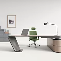 Modern Office Desk With Green Chair Laptop Desk Lamp Filing Cabinet And Plant