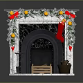 Christmas Decorated Fireplace with Marble Mantel Green Garland Red Bows Gold Ornaments Red Stocking and Firewood