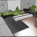 Modern Garden Decor with Wooden Deck Small Water Feature Bench Stone Tiles and Lush Plants