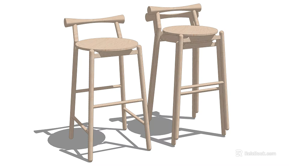 Two Modern Wooden Bar Stools With Simple Design And Straight Backrest Legs 3d model 