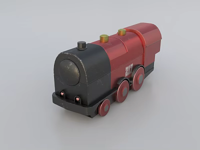 Red And Black Steam Locomotive Doll With Three Red Wheels And Two Yellow Round Tops 3d model