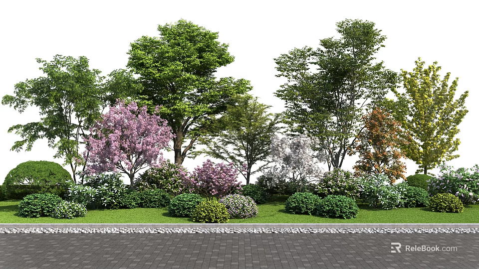 Various Trees with Colorful Foliage Pink Blossoms Shrubs Grass Lawn and Paved Ground 3d model