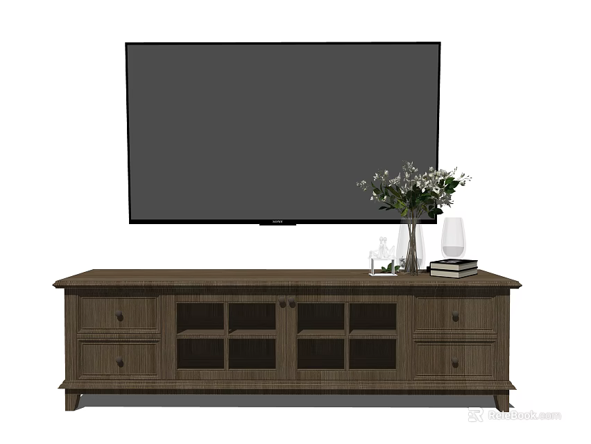 Wooden TV Stand with Large Screen TV Drawers Open Shelves and Decorative Items 3d model 