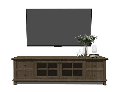 Wooden TV Stand with Large Screen TV Drawers Open Shelves and Decorative Items 3d model