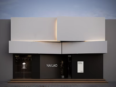 NAILAO Mall Store Modern Facade With White Panels Black Front Glass Windows And Mannequin 3d model