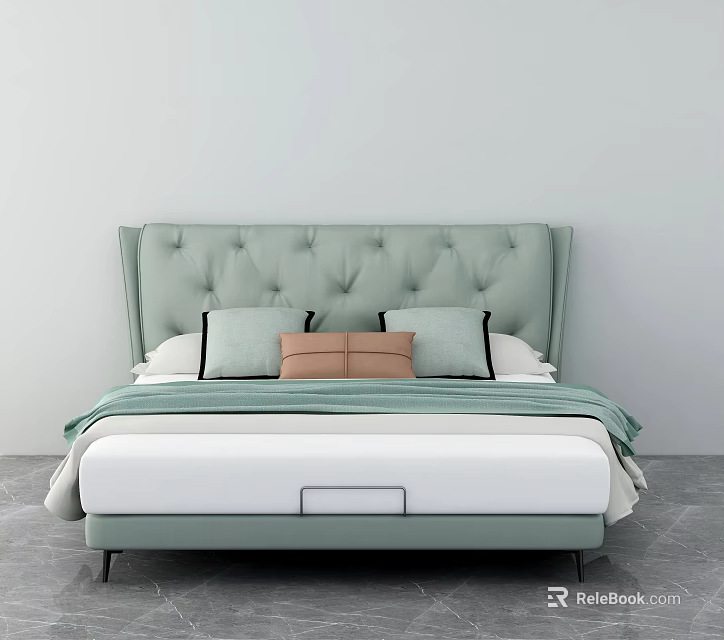 Modern Double Bed With Tufted Light Green Headboard And Decorative Pillows 3d model
