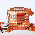 Check In Photo Spot At Vibrant Red Booth With Decorative Orange Gift Boxes And Staircase