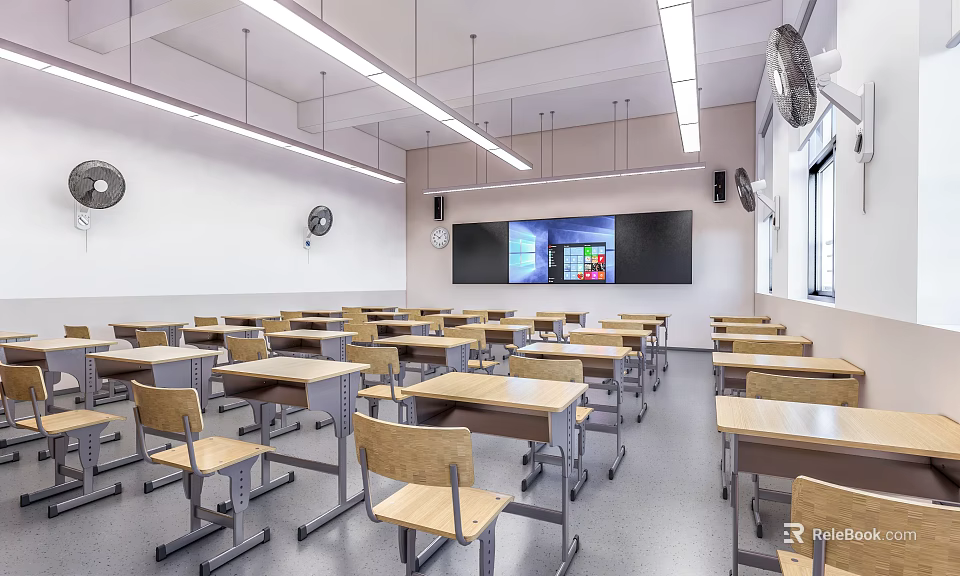 Bright School Classroom With Desks Chairs And Multimedia Screen 3d model 