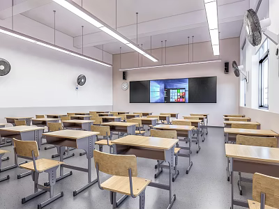 Bright School Classroom With Desks Chairs And Multimedia Screen 3d model