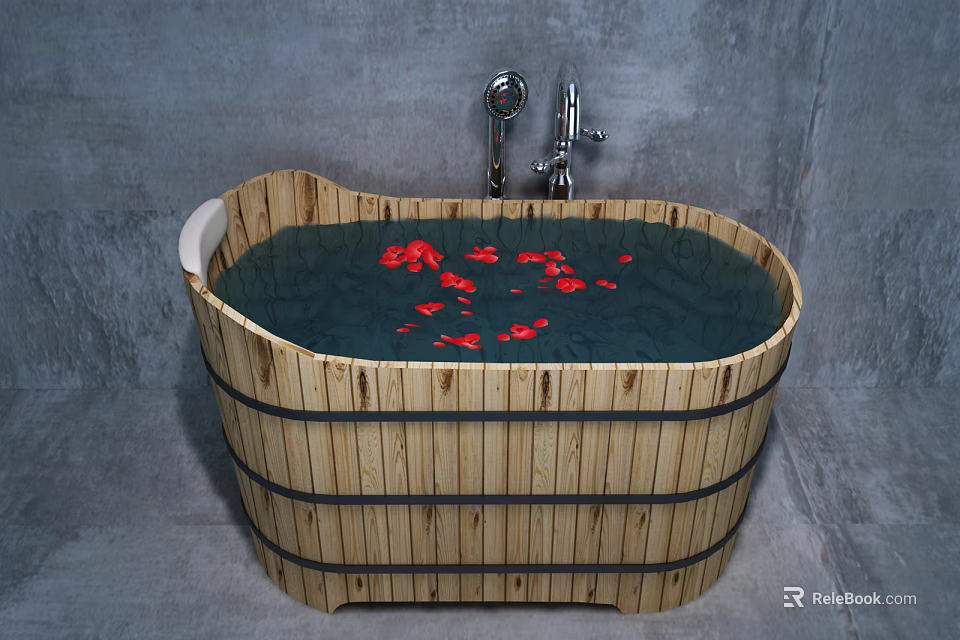 Wooden Barrel Bathtub With Red Petals In Water Silver Faucet And Gray Wall 3d model 