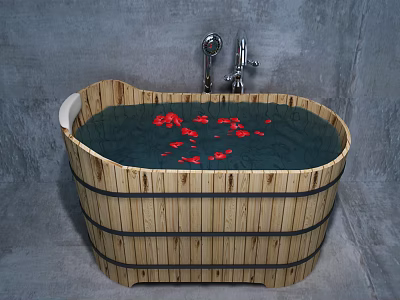 Wooden Barrel Bathtub With Red Petals In Water Silver Faucet And Gray Wall 3d model