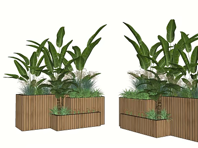 Wooden Flower Planters With Lush Green Plants And Vertical Slats Design 3d model