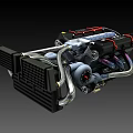 Detailed 3D Engine Model With Black Body Red Accent Lines Silver Pipes And Radiator