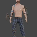 Muscular Shirtless Tattooed Man In Plaid Pants Holding Axes Standing In Neutral Background