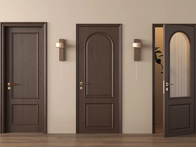 Three Dark Brown Wooden Hinged Doors With Wall Lamps In Open Interior Setting 3d model
