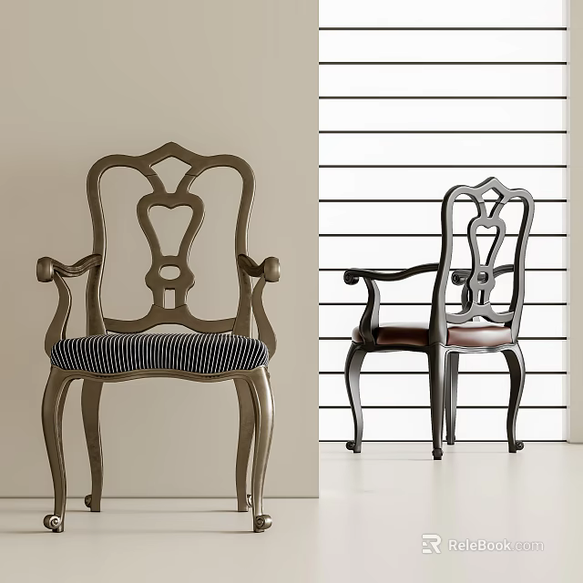 Classic Single Chair Design with Ornate Backrest Armrests Brown Black Striped Cushion against Striped Wall 3d model 
