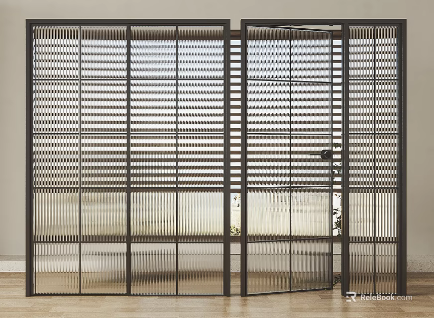 Modern Interior With Stylish Louvered Glass Doors And Black Frames 3d model