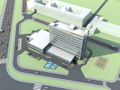 Modern High Rise Hotel Building With Parking Area And Green Space 3d model