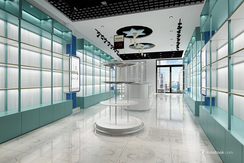 Modern Shopping Mall Store Interior With Glass Display Shelves And Marble Floor 3d model 