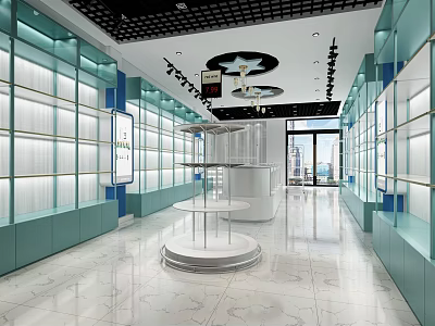 Modern Shopping Mall Store Interior With Glass Display Shelves And Marble Floor 3d model