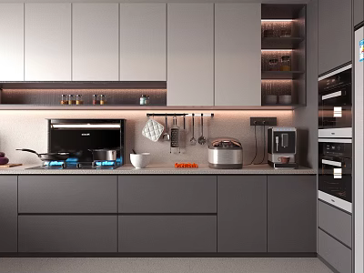 Modern Kitchen With Gray Cabinets And Various Appliances Including Cooktop Coffee Maker Oven Rice Cooker 3d model