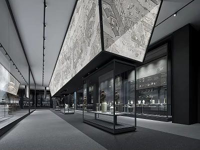 Modern Cultural Center Interior With Glass Display Cases And Art Exhibits 3d model