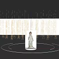 Interactive Area With Traditional Costume Statue Hanging Illuminated Text Panels And Circular Lights