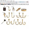 Golden Fishing Gear Collection Including Hooks Bait Bucket Fish And Net