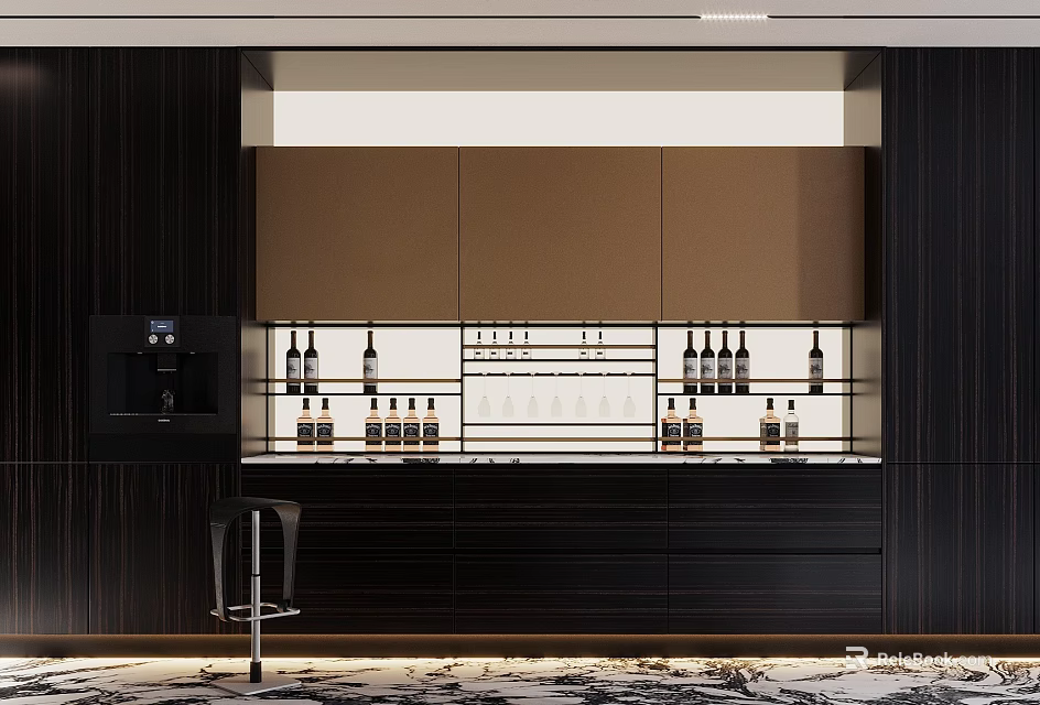Modern Dark Wood Wine Cabinet With Glass Shelves Displayed Wine Bottles And Bar Stool 3d model 