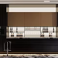 Modern Dark Wood Wine Cabinet With Glass Shelves Displayed Wine Bottles And Bar Stool