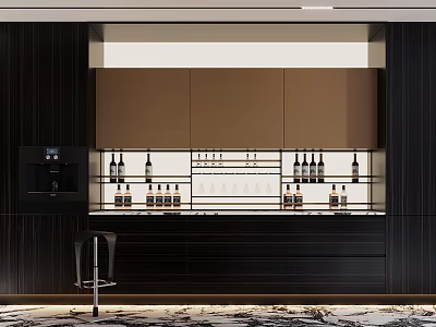 Modern Dark Wood Wine Cabinet With Glass Shelves Displayed Wine Bottles And Bar Stool 3d model