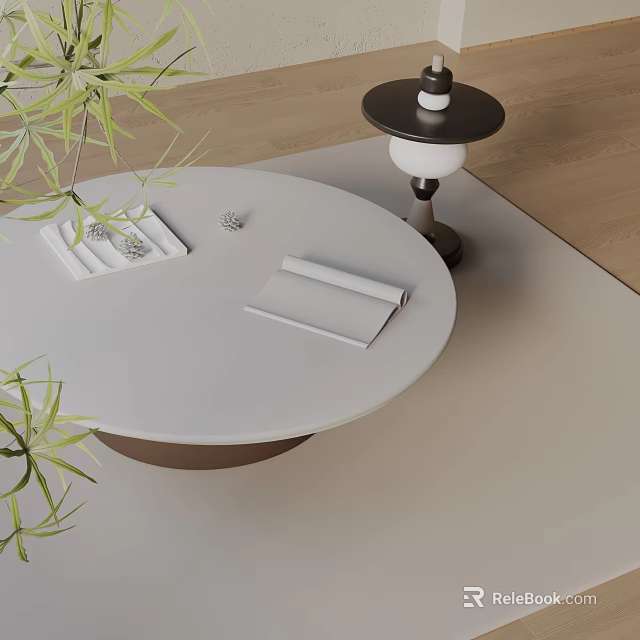 Modern Sofa Coffee Table Set with White Round Table Black Side Table and Green Plants 3d model