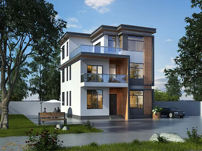 Modern Two Story Detached Villa With Large Glass Windows And Balcony Surrounded By Greenery 3d model