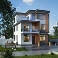 Modern Two Story Detached Villa With Large Glass Windows And Balcony Surrounded By Greenery