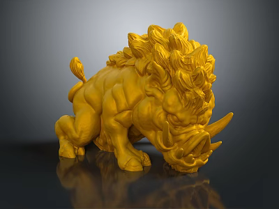 Yellow Mythical Beast Sculpture Crouching With Mane Horns Shiny Surface Dark Background Reflection 3d model
