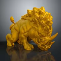 Yellow Mythical Beast Sculpture Crouching With Mane Horns Shiny Surface Dark Background Reflection