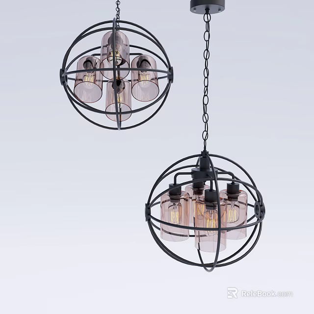 Industrial Spherical Chandeliers With Black Metal Frame Glass Shades And Vintage Bulbs 3d model 