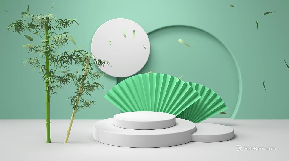 White Display Stands With Circular Design Green Fan Decorations And Bamboo Plants 3d model 