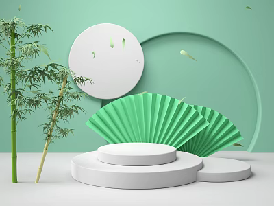 White Display Stands With Circular Design Green Fan Decorations And Bamboo Plants 3d model