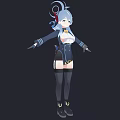 Game Anime Character With Blue Gray Hair Curly Accessory And Military Uniform Style Outfit