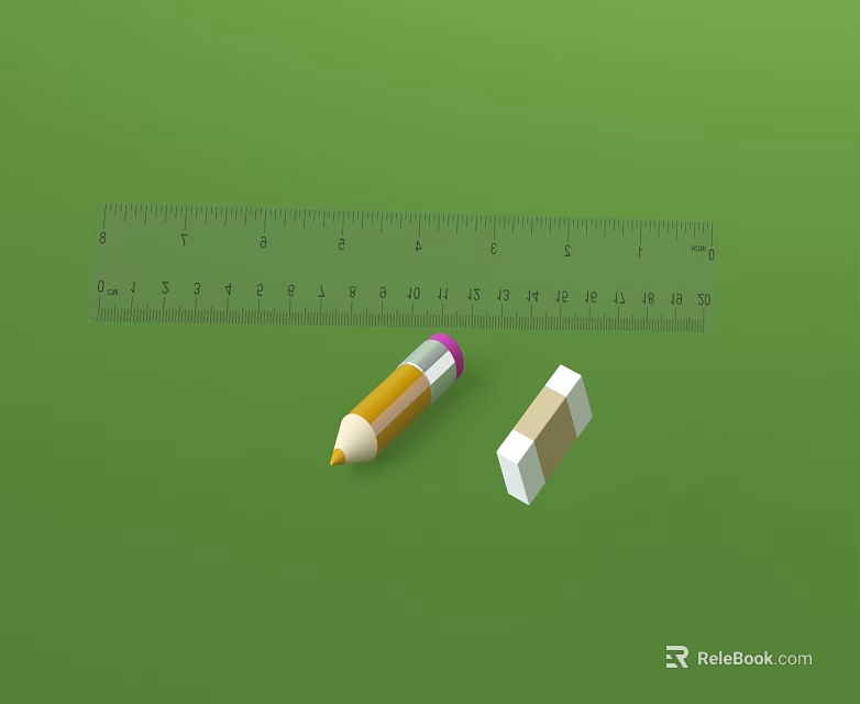 Wooden Ruler Yellow Pencil And White Eraser On Green Background 3d model 