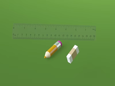 Wooden Ruler Yellow Pencil And White Eraser On Green Background 3d model