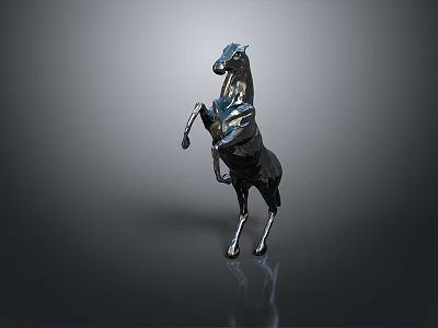 Black Metal Horse Sculpture Rear Legs Standing Front Legs Raised Against Gray Background With Reflection 3d model