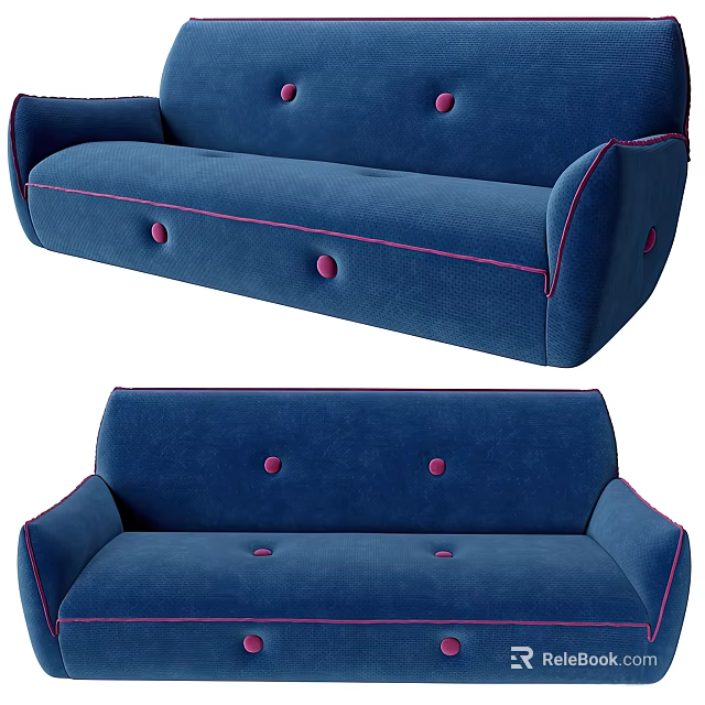 Blue Sectional Sofa With Pink Button Tufting And Pink Stitching Details 3d model