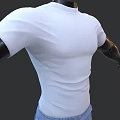 Mannequin Wearing White T-Shirt And Blue Distressed Jeans With Black Arms Against Gray Background