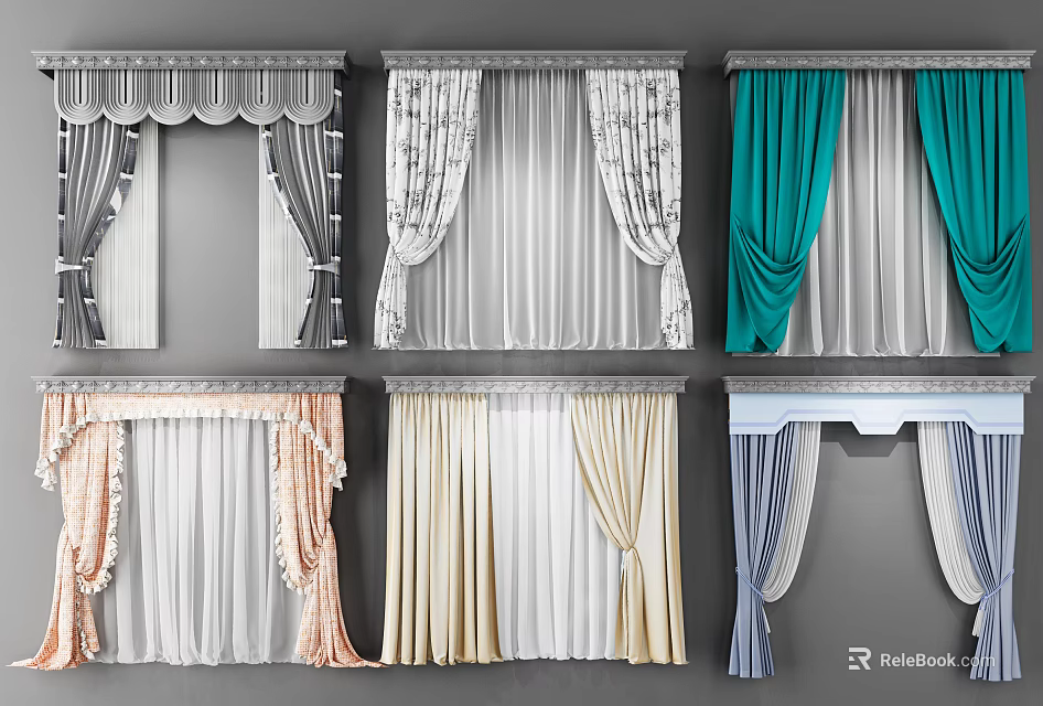 Stylish Curtains With Various Colors And Decorative Designs For Home Windows 3d model 
