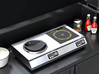 Modern Stainless Steel Electric Cooktop On Black Countertop With Condiment Bottles And White Bowl 3d model