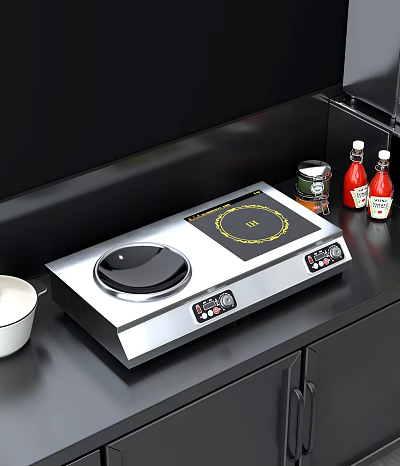 Modern Stainless Steel Electric Cooktop On Black Countertop With Condiment Bottles And White Bowl 3d model