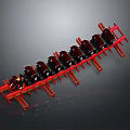 Red Industrial Frame With Black Mechanical Components Arranged In Linear Structure